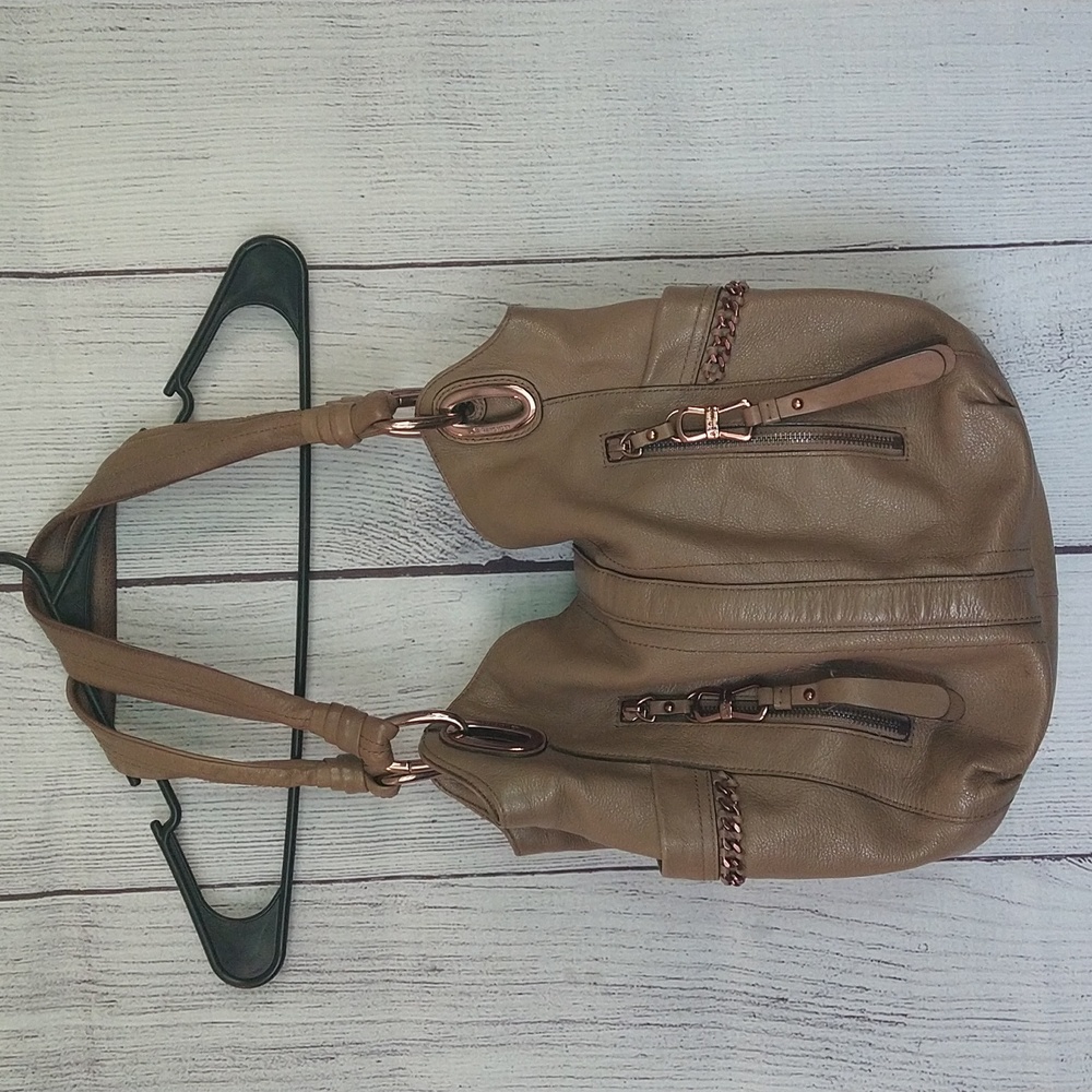 B. Makowsky tan leather double strap shoulder bag